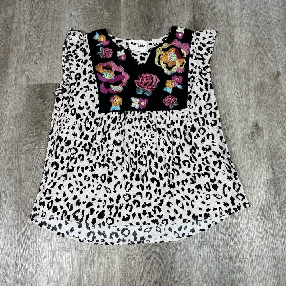 Savanna Jane Leopard Print Embroidered Floral Top Sleeveless‎ L